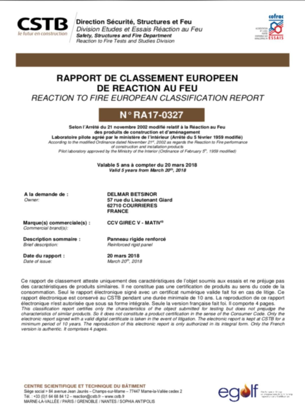 CSTB Rapport de Classement